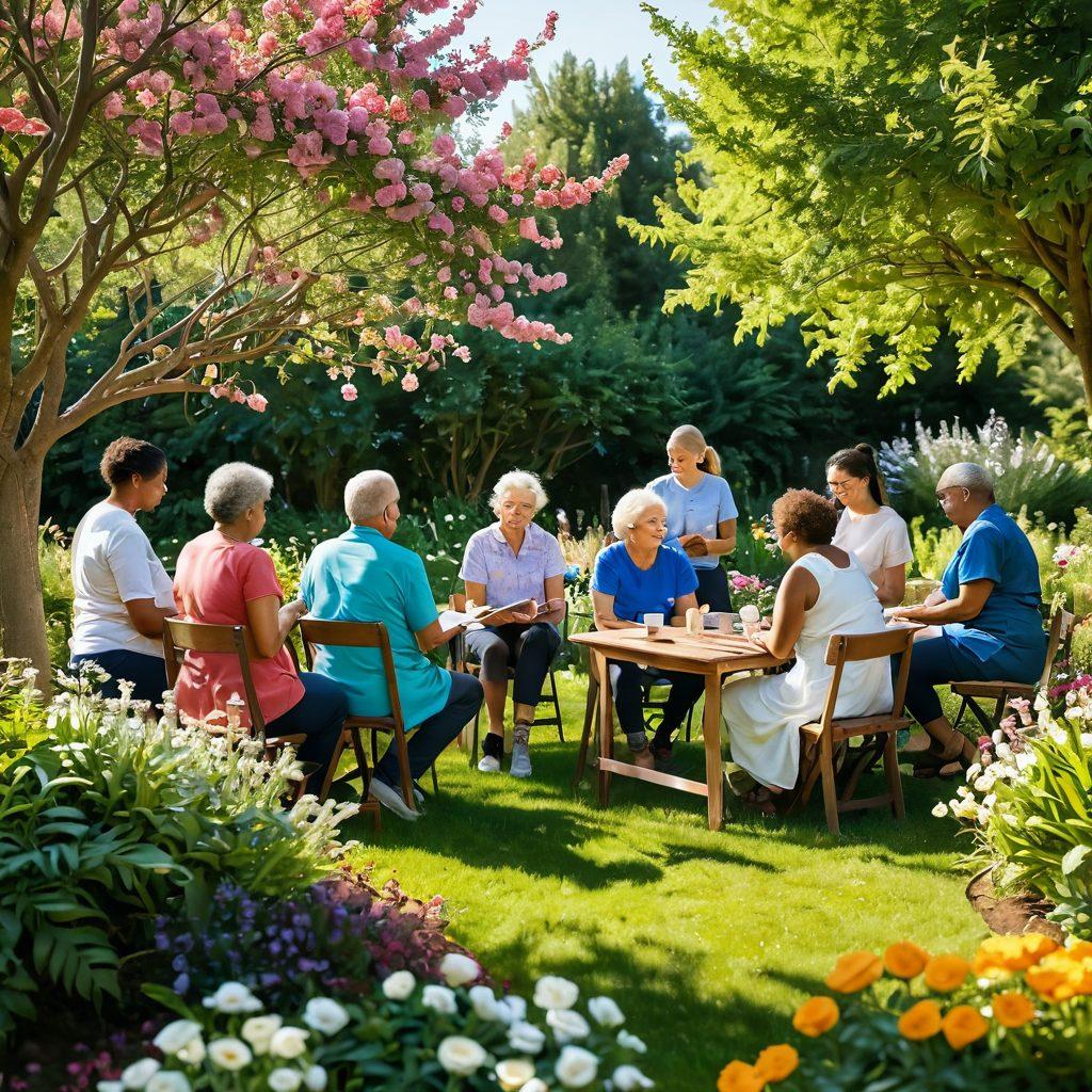 A serene and supportive scene showcasing a diverse group of people gathered in a sunlit garden, sharing knowledge and experiences about cancer care, surrounded by blooming flowers and green trees symbolizing hope and resilience. Include elements like informative pamphlets and healthy food options, emphasizing empowerment through information and community support. capture an atmosphere of positivity and healing. vibrant colors. super-realistic.