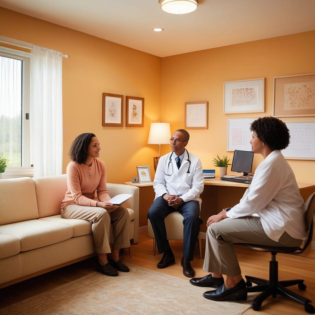 A compassionate doctor discussing a cancer diagnosis with a patient in a bright, welcoming consultation room. The patient, an adult of diverse descent, appears engaged and hopeful, surrounded by supportive family members. Medical charts, a computer, and peaceful nature-inspired decor enhance the setting, symbolizing a patient-centric approach. Soft lighting emphasizes a sense of comfort and care. super-realistic. warm colors. serene atmosphere.
